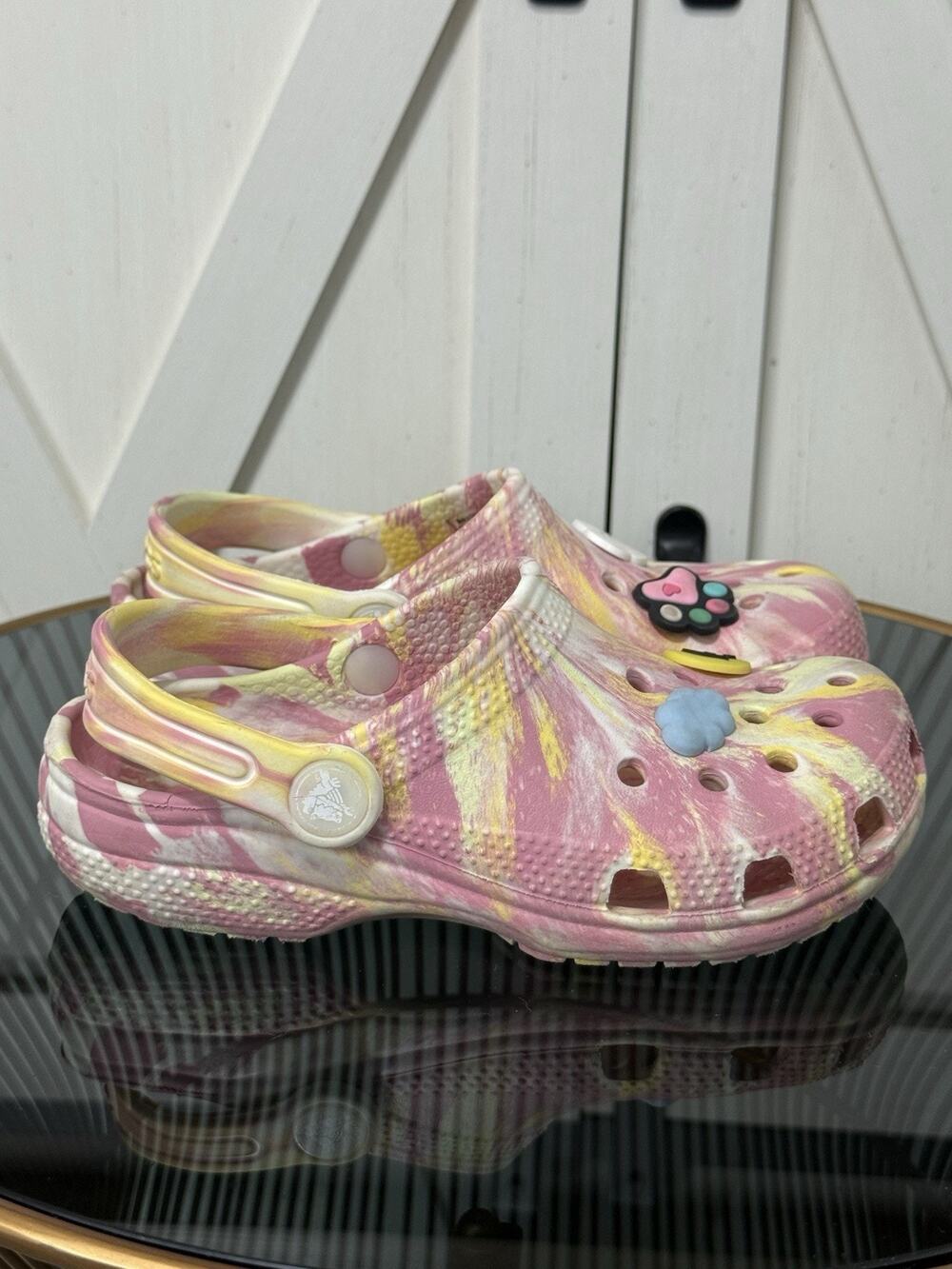 Crocs Classic Clog Size C12 Kids Pink Yellow Tie Dye Marbled Slip On Shoes